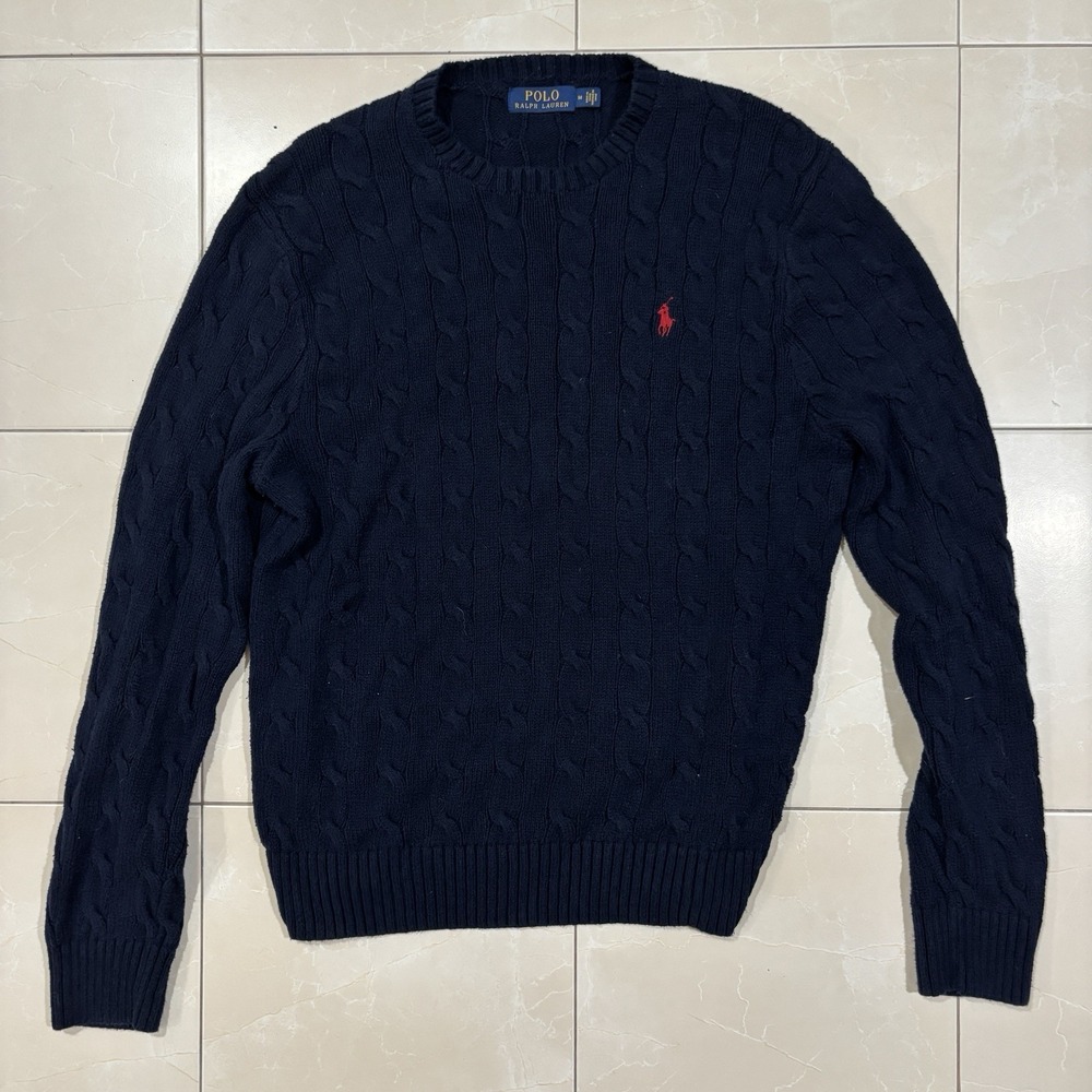 Vintage Polo Ralph Lauren Cable Knit Sweater Men's M Navy Blue BEAUTIFUL Pony